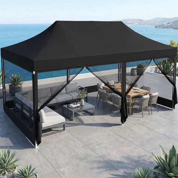 COBIZI 10x20 Heavy Duty Pop Up Canopy Tent with Mosquito Netting-Waterproof UPF 50 Commercial Gazebo with Mesh Sidewalls,Full-Truss Instant Party Tent with Wheeled Bag,Black