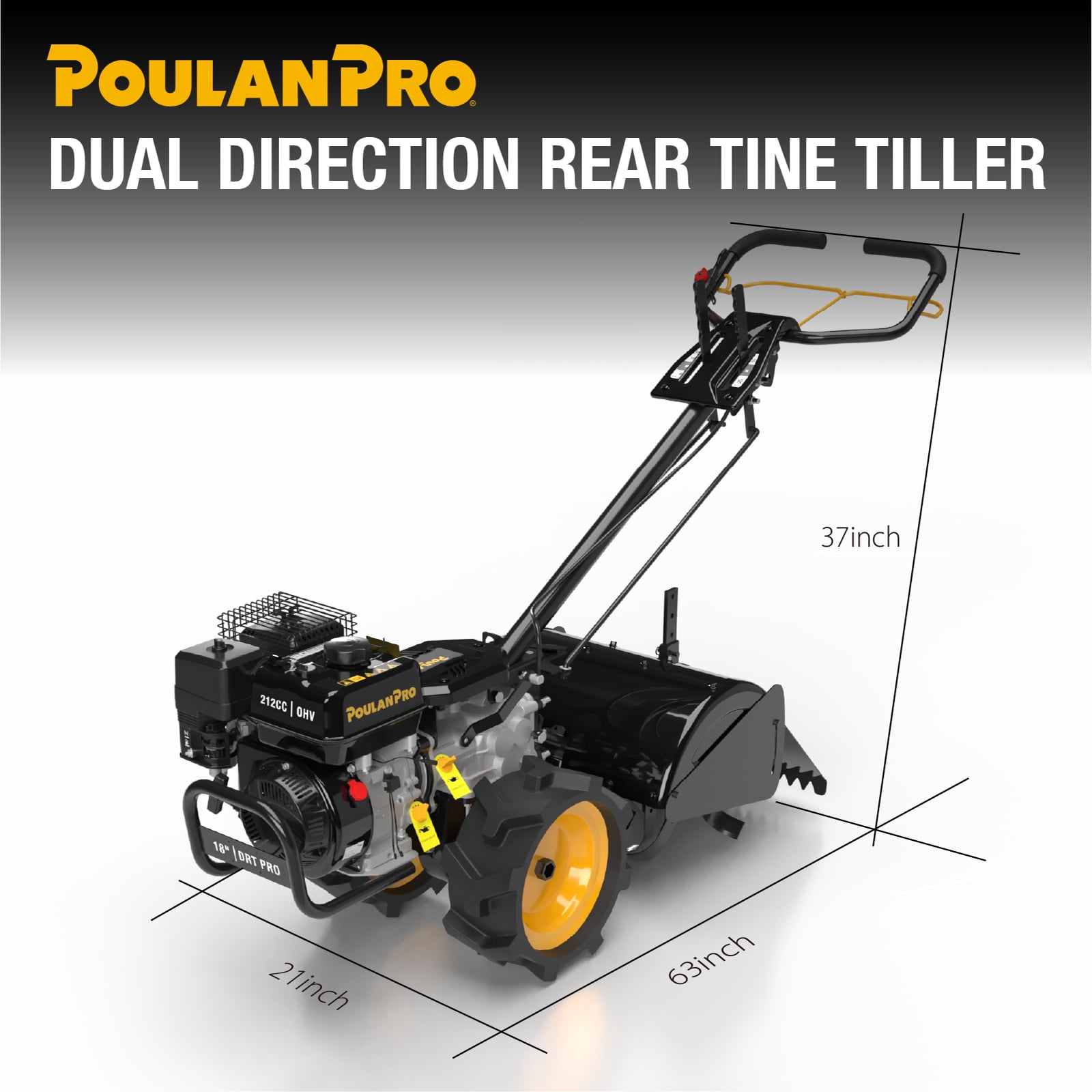 Poulan Pro Dual Direction Rear Tine Tiller, 212cc Powerful Gas Engine, Full Gear Transmission, Dual Rotating, Airless Tires,  Instant Reverse 18 Inch Gas Gardon Tiller,  Model: PPDRT18 PRO