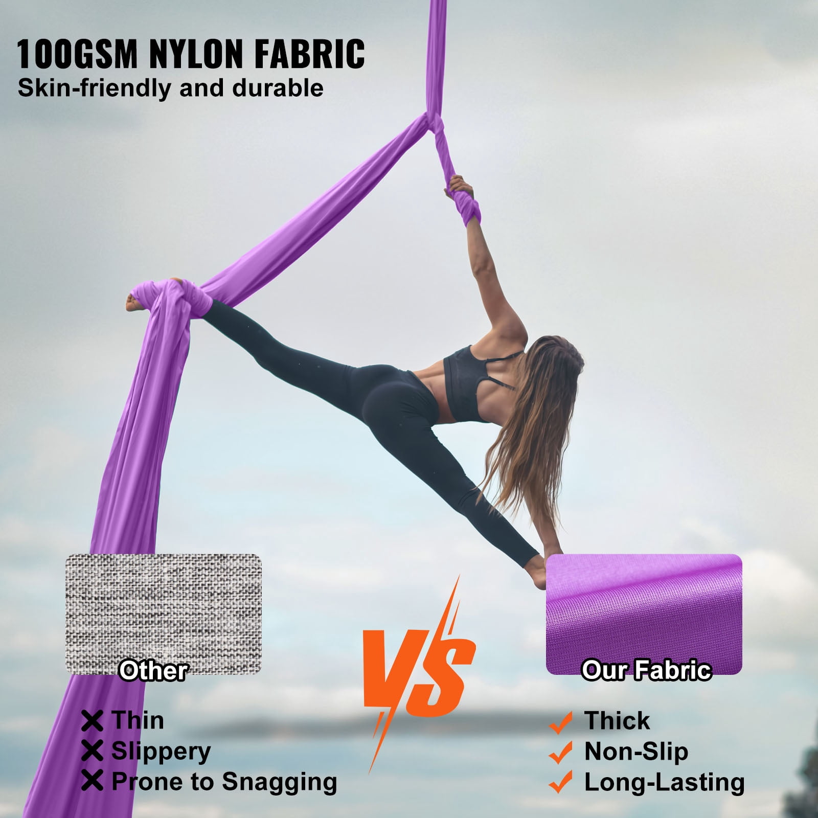 KFFKFF Aerial Silk & Yoga Swing, Aerial Yoga Hammock Kit, Nylon, 9×3.06 yards, Purple