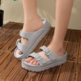 thumbnail image 4 of Rokment Women's Double Buckles Platform Slides Sandals Classic Casual Wide Width Open Toe Chunky Flat Comfortable Walking Slip on Slippers for Indoor Outdoor Waterproof Grey Size 8, 4 of 7