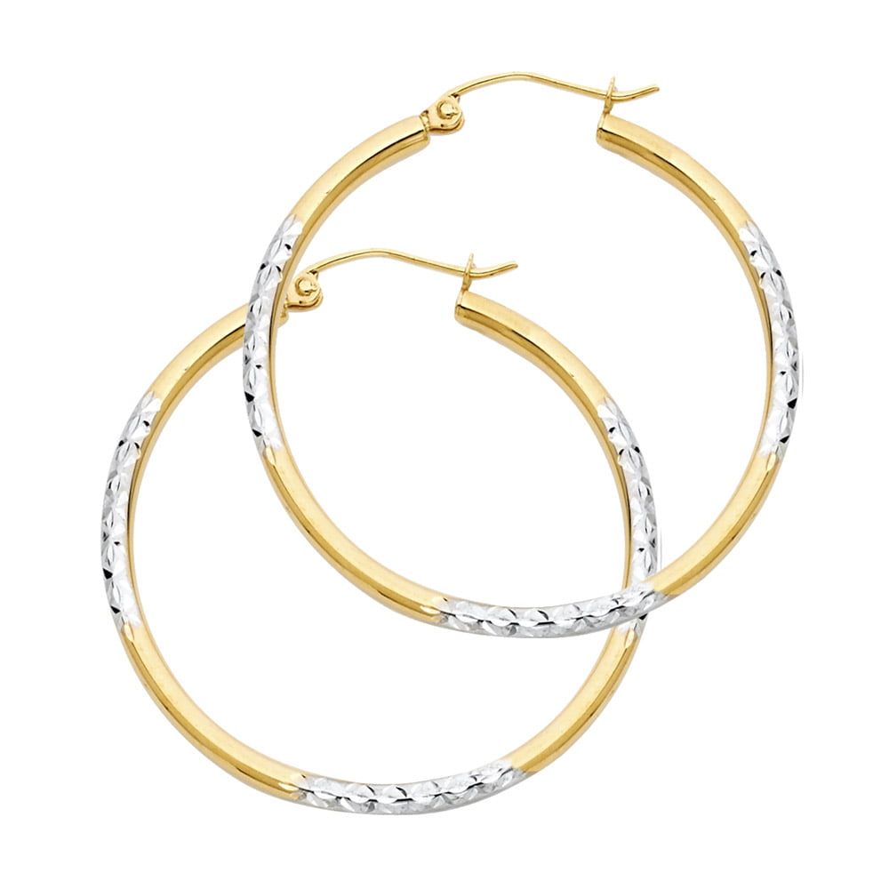 FB Jewels 14K White And Yellow Gold Round Cubic Zirconia CZ Channel Two Line Hoop Womens Earrings 15MM X 15MM