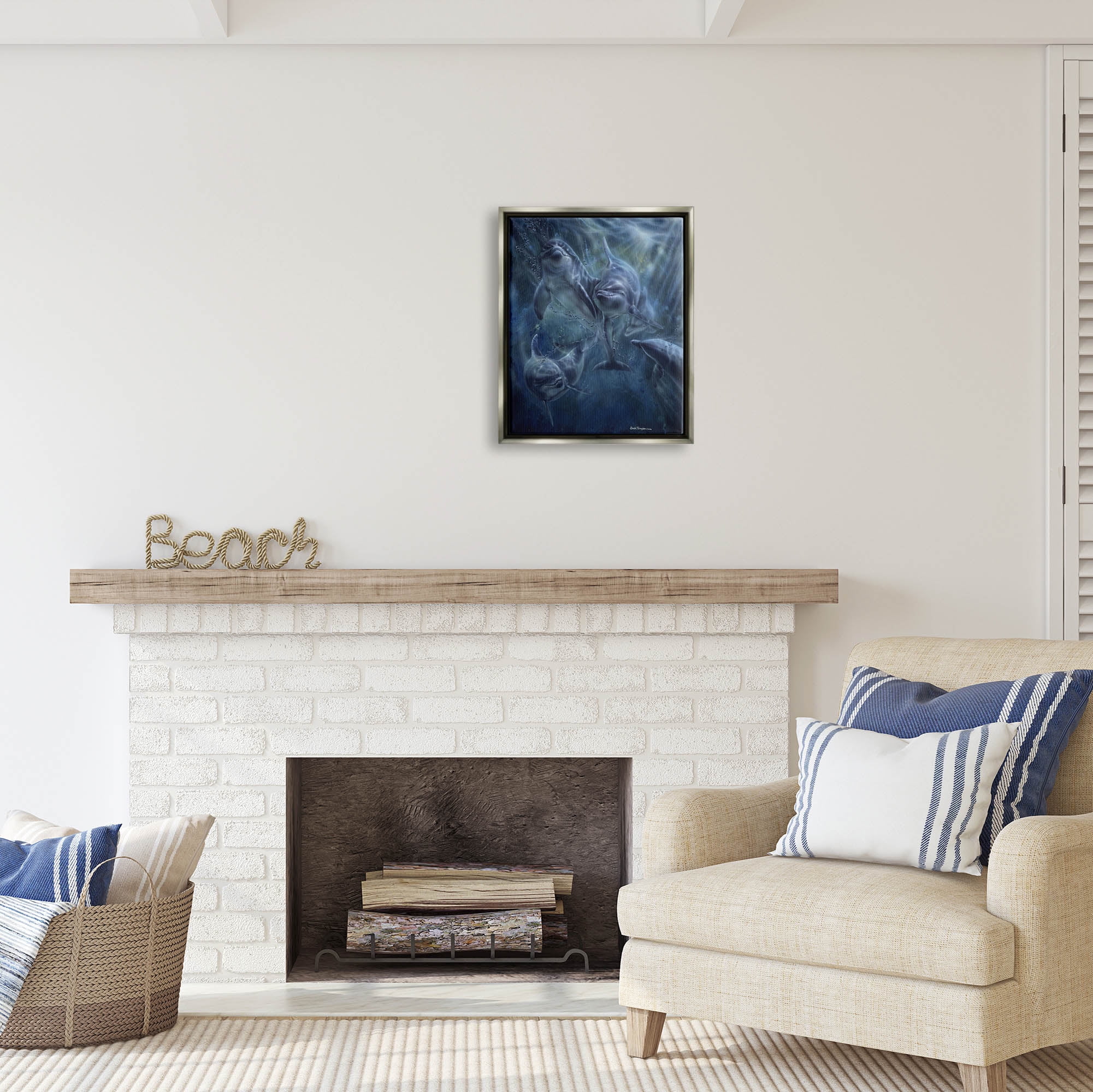 Stupell Industries Aquatic Dolphins Underwater Coastal Painting Gray Floater Framed Art Print Wall Art