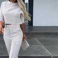 thumbnail image 2 of ZEHJUHAN Women's Solid Color Two-Piece Set Crew Neck Mid-Sleeve Top and Wide-Leg Pants with Pockets Office Casual Outfit White，S, 2 of 4
