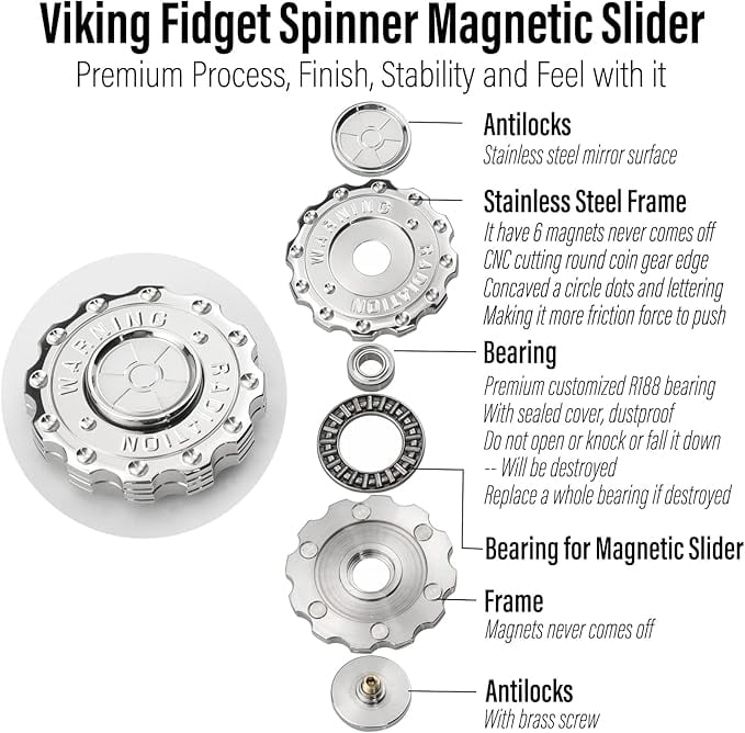 2025 latest Viking Pirate Magnetic Slider & Fidget Spinners for Adults, Heavy Metal Figette Spin, Premium Bearing, Silent Long Spinning, Small Gossip Desgin, Stainless Steel Nuc Silver