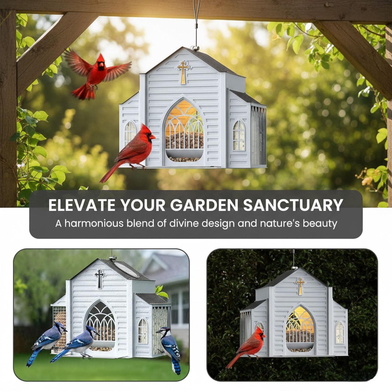 5 LB Holding Space Bird Feeder Church Shaped Metal Solar Light Hanging Outdoor Weatherproof Suet Feeder