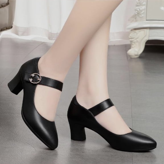 AUDeals Women's Mary Jane Pumps, Soft Sole Low Block Heel Shoes with Buckle and Closed Pointed Toe for Work and Spring Wear (Black, 8.5)