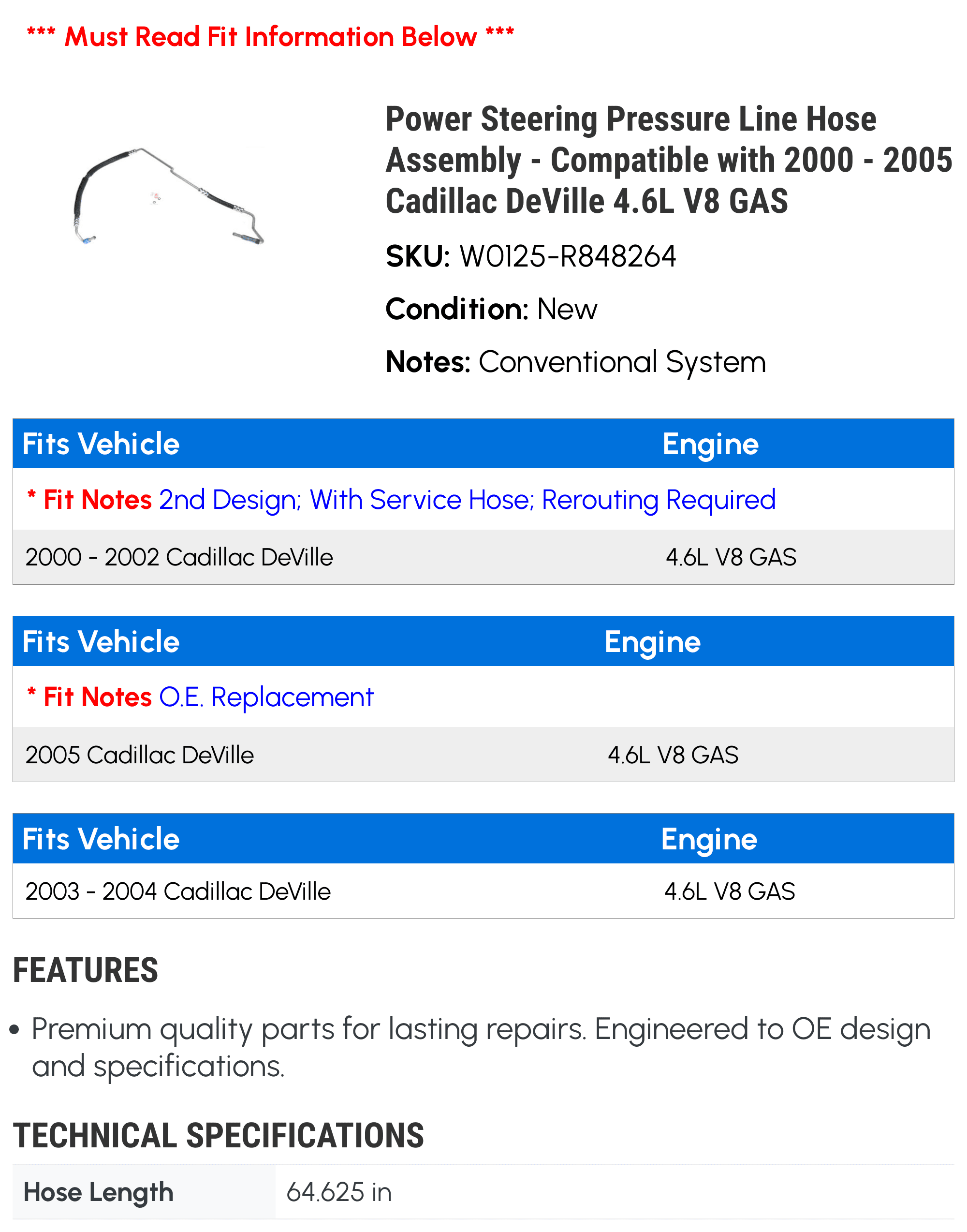Power Steering Pressure Line Hose Assembly - Compatible with 2000 - 2005 Cadillac DeVille 4.6L V8 GAS 2001 2002 2003 2004
