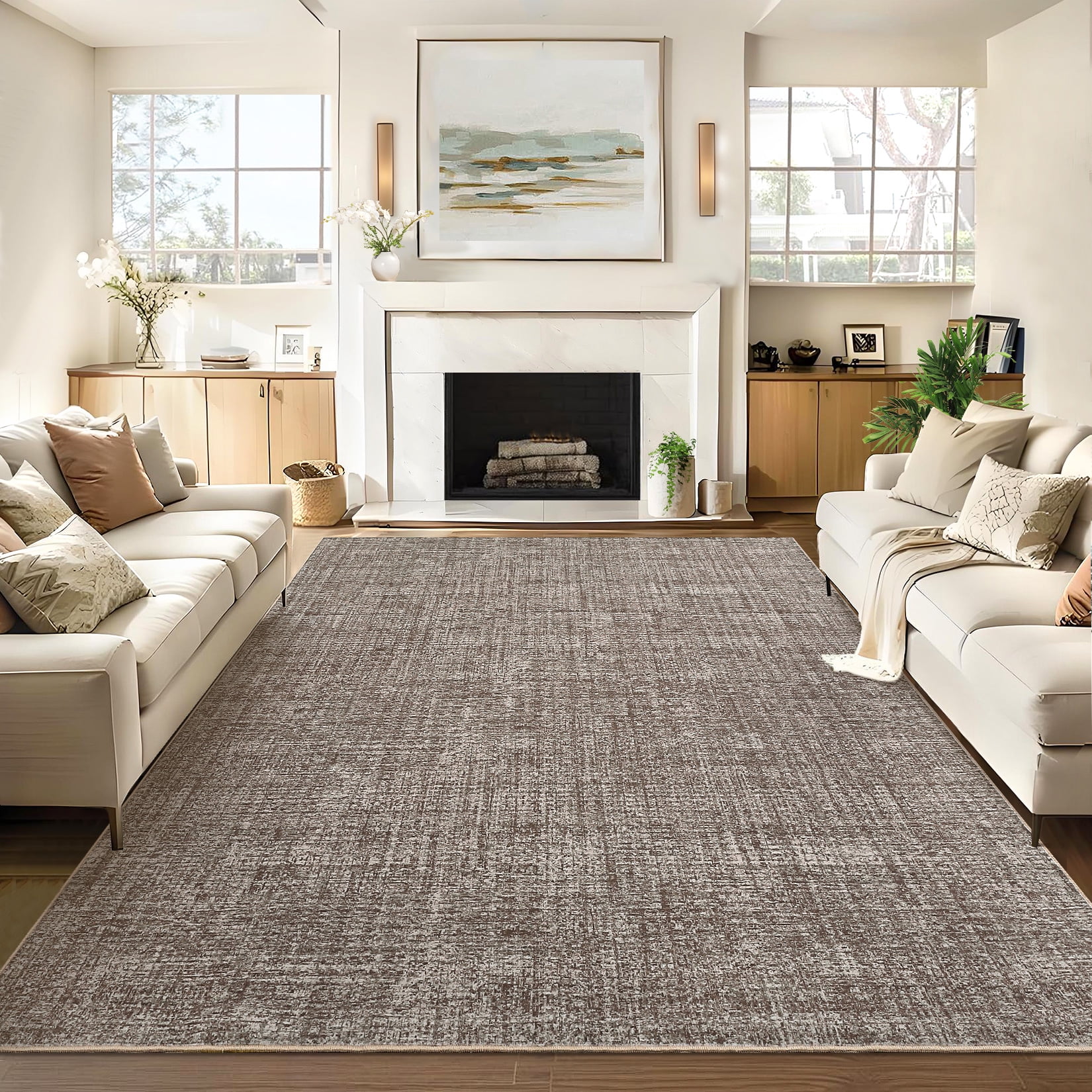 Senfot 5x7 Solid Area Rug Washable Non-Slip Stain Resistant Low Pile Soft Foldable for Living Room Bedroom Office Brown