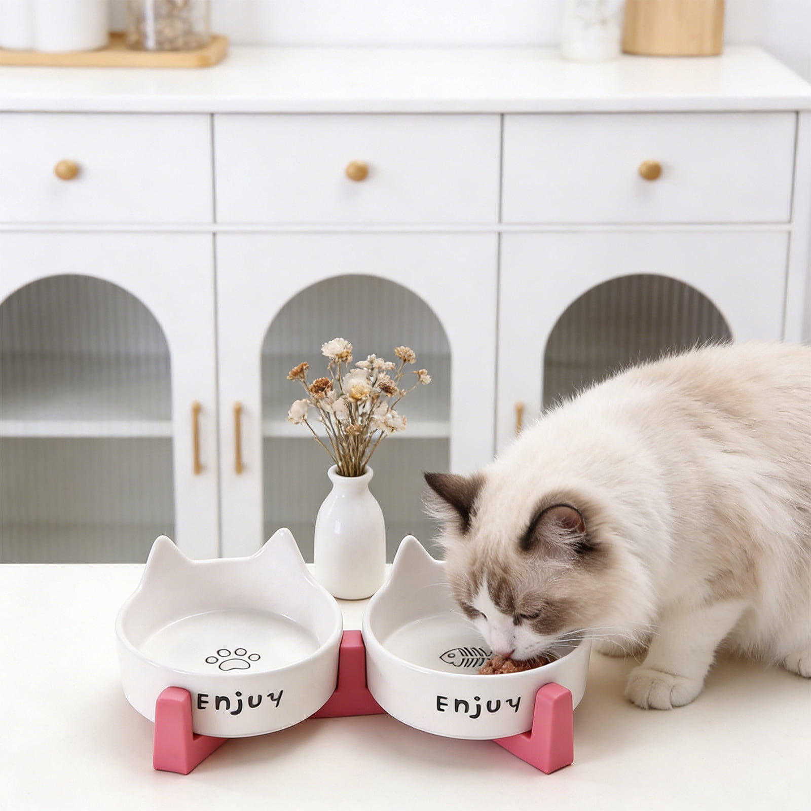 Double Ceramic Cat Dog Bowl Raised Pet Food And Water Dish Wide Mouth Anti Whisker Fatigue Neck Protection Elevated Feeding Station Stable Heavy Base Easy Clean Durable Pet Bowl