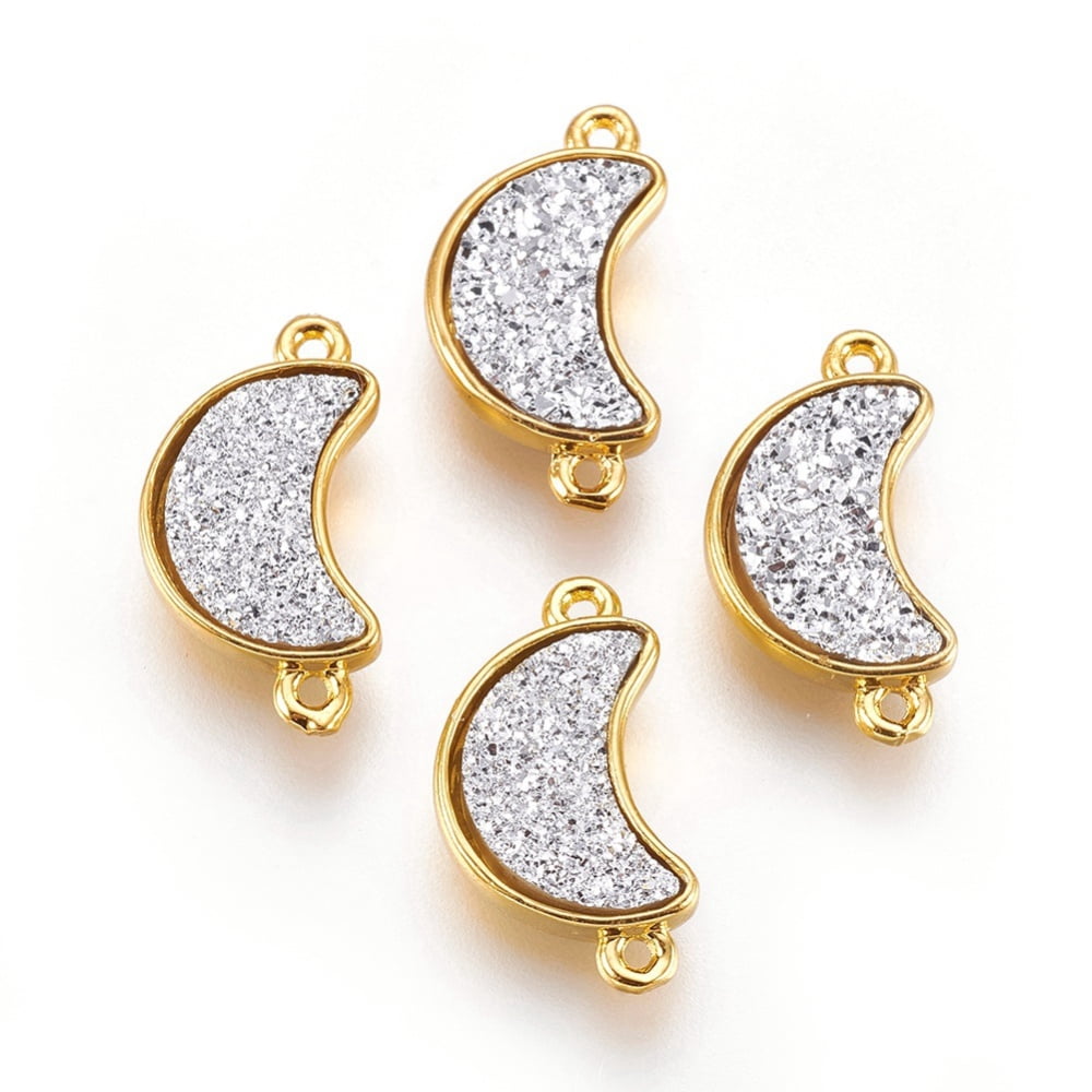 Brass Links connectors with Druzy Resin Moon Golden WhiteSmoke 18.5~19x10~10.5x3.5~4mm Hole: 1mm