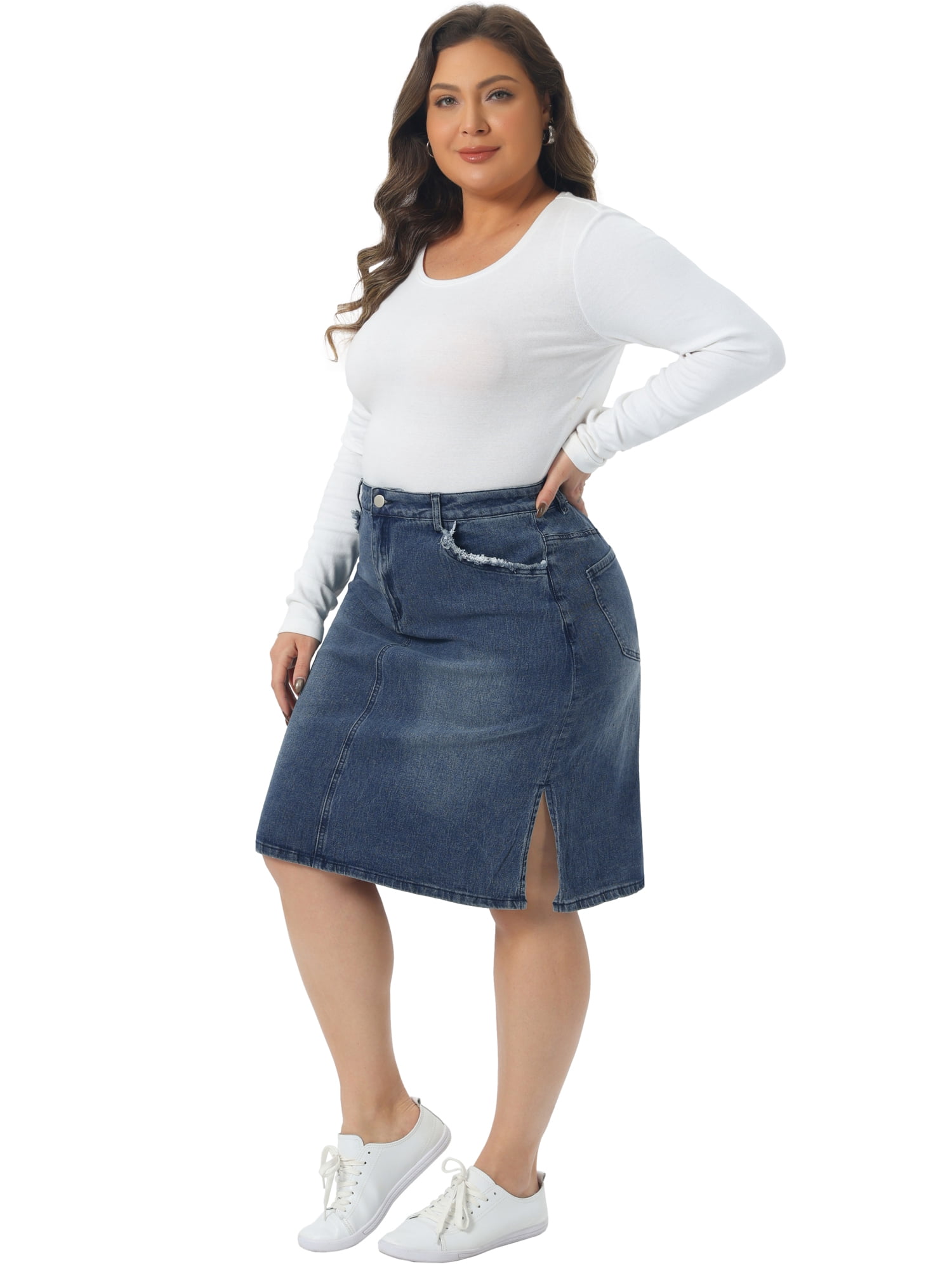DARING DIVA Women's Plus Size Stretch Elastic Waist Side Split Dress 3X Mid Blue