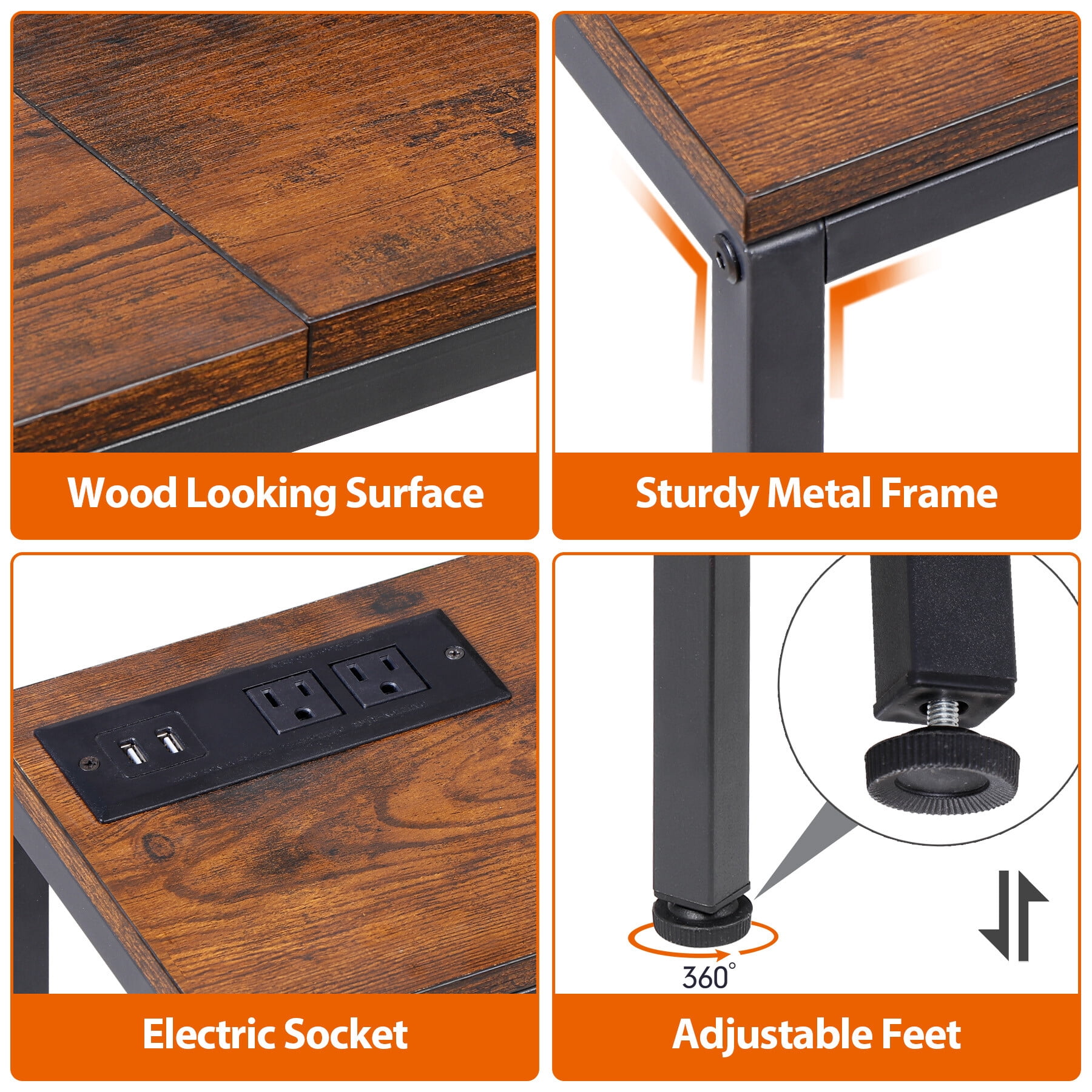 HomGarden 71-in Entryway Console Table W/Charging Station Narrow Sofa Side Table Power Outlet Rustic Brown