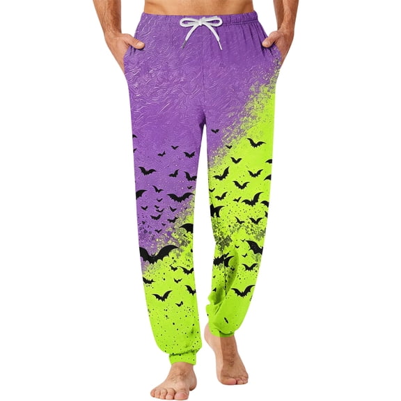 Hsovts Halloween Pajama Pants for Men Hallowmas Pj Pants for Men Pumpkin Ghost Print Lounge Bottoms Elastic Waist Drawstring Sleepwear With Pockets Purple 2XL