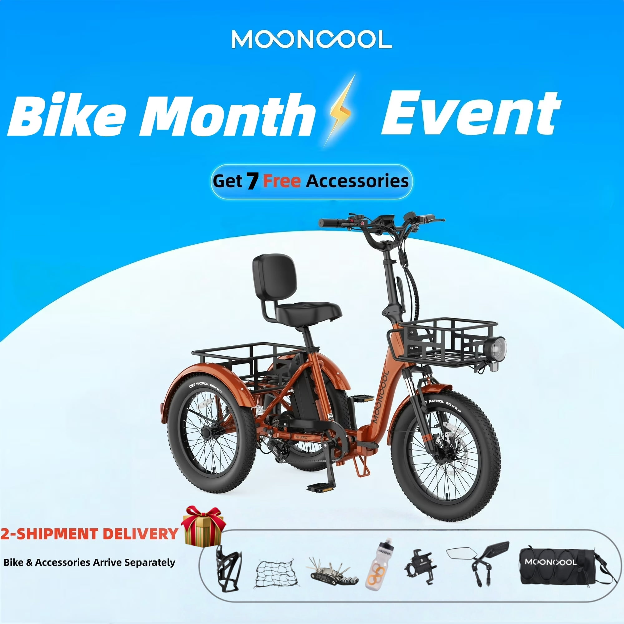 MOONCOOL TK Pro Foldable Electric Tricycle W/ Rearview mirror accessory Kit, 1500W Motor 48V 20Ah Battery, 20" Fat Tire Three Wheel 6-Speed Electric Mountain Bicycle for Adults
