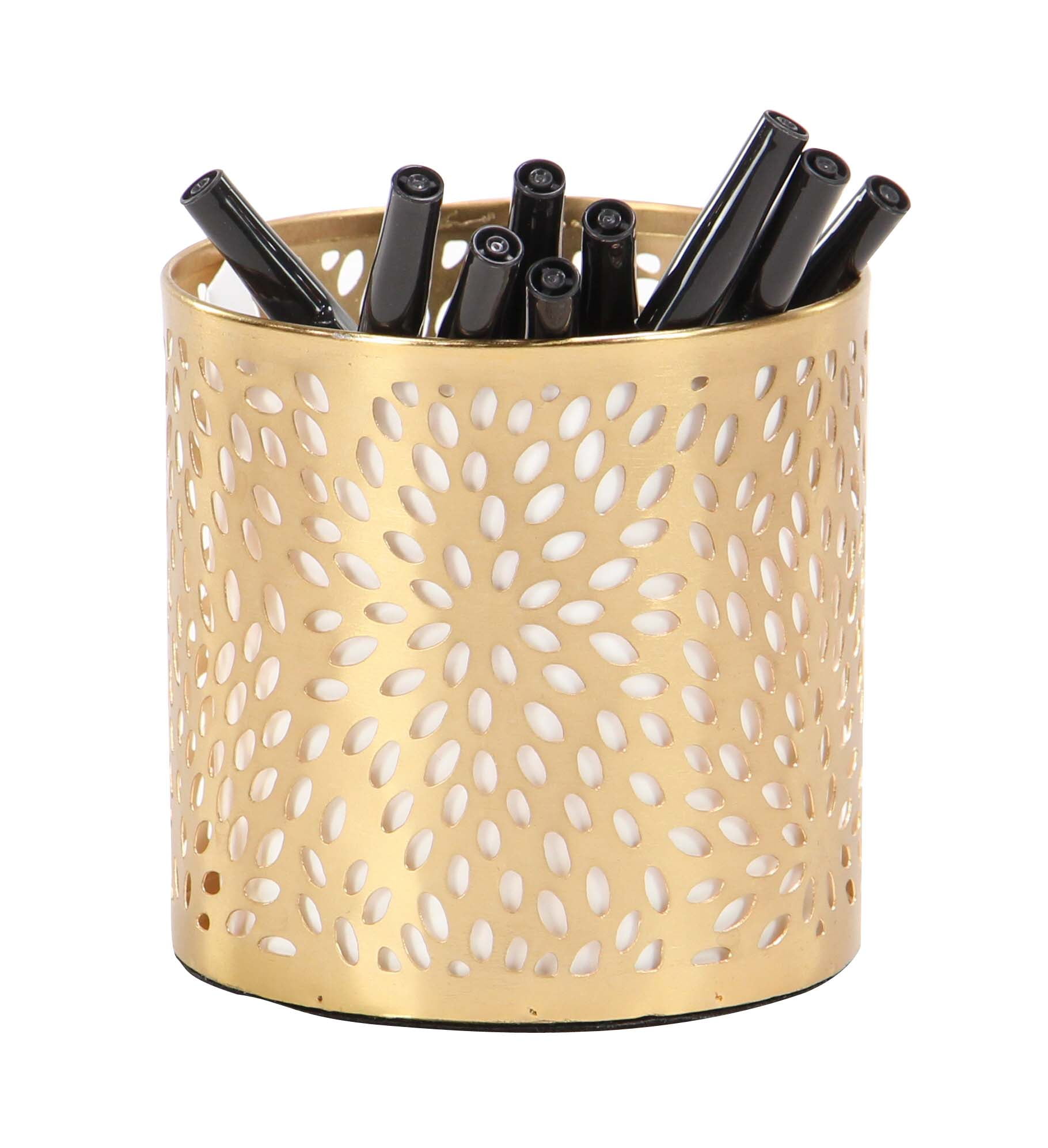 Decmode Modern Iron Perforated Design Round Pencil Holder, Gold