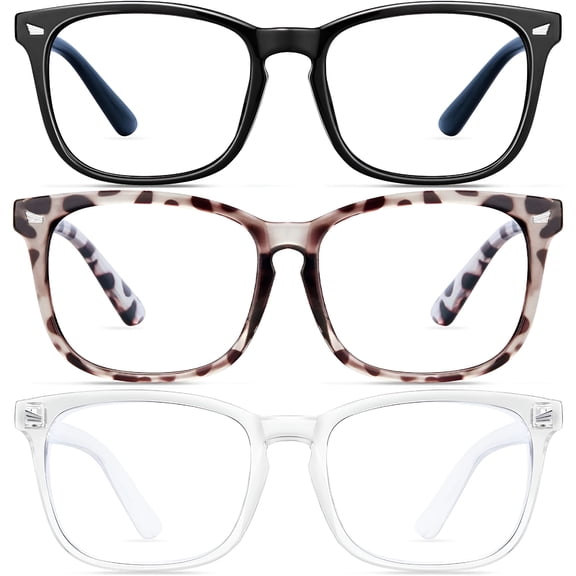 HBMYN Blue Light Blocking Glasses-3 Pack Fashion Square Fake Eyeglasses,Anti Uv Ray Computer Gaming Glasses,Blue Blockers Glasses for Women/Men,Matte Black Leopard Transparent