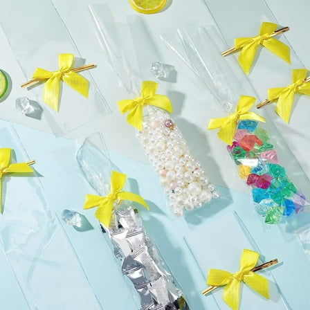 120pcs OPP Treat Bags Long Cellophane BagsTreat Bags Clear Storage Bags with 120pcs Golden Bowknots 9.8x2.3inch