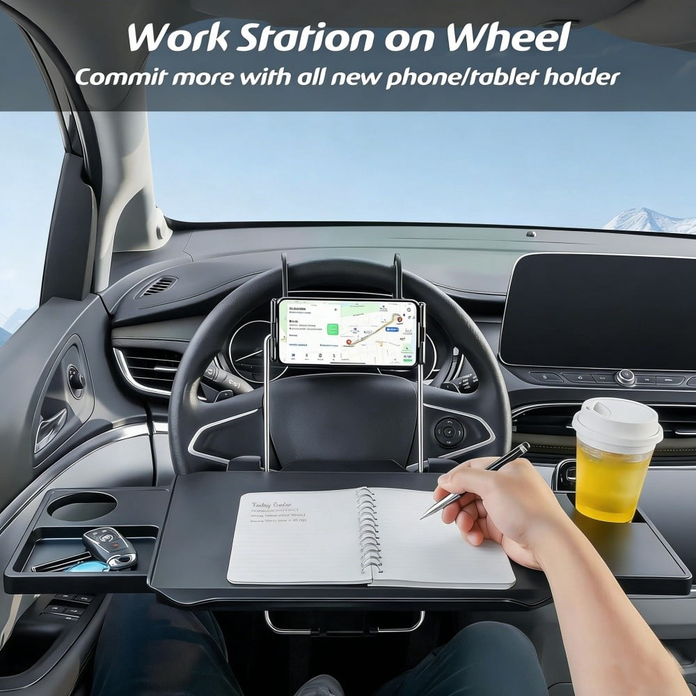 2-in-1 Car Steering Wheel Tray & Back Seat Table, Adjustable Car Desk with Phone Holder, Laptop & Food Tray, Fits Cars, SUVs & Trucks