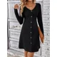 thumbnail image 2 of Minivestido de punto acanalado para mujer, traje liso de manga larga con botones, corte en A, ropa de calle para otoño, 2023, 2 of 6
