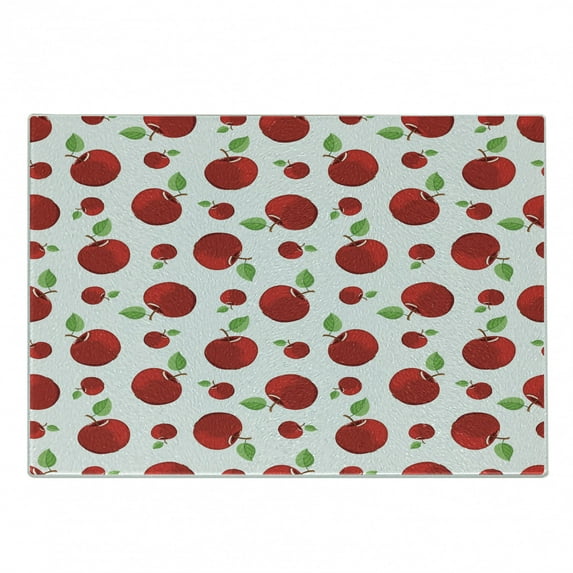 Fruits Cutting Board, Vivid Colored Cartoon Style Ripe Red Apples Vitamins Taste Healthy Food, Decorative Tempered Glass Cutting and Serving Board, Small Size, Red Green White, by Ambesonne