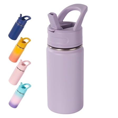 Stainless Steel Water Bottle 12oz, Insulated Cup with Straw, BPA-Free Leakproof School Travel Bottle, Purple
