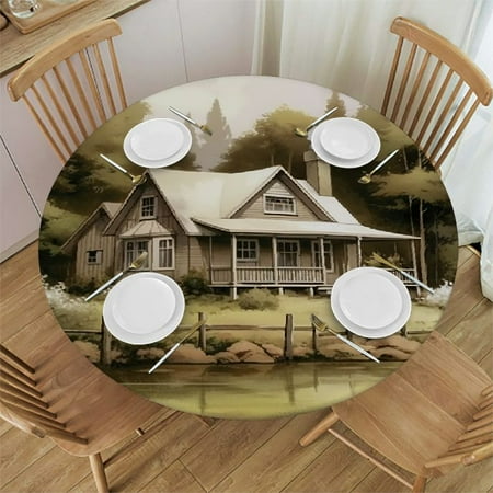 

Patifu Flowers Trees Lake Round Table Cover Stain Resistant Washable Indoor Outdoor Tablecloth Kitchen Dining Wedding Parties Elastic Edge 100% Polyester Fiber 38-42