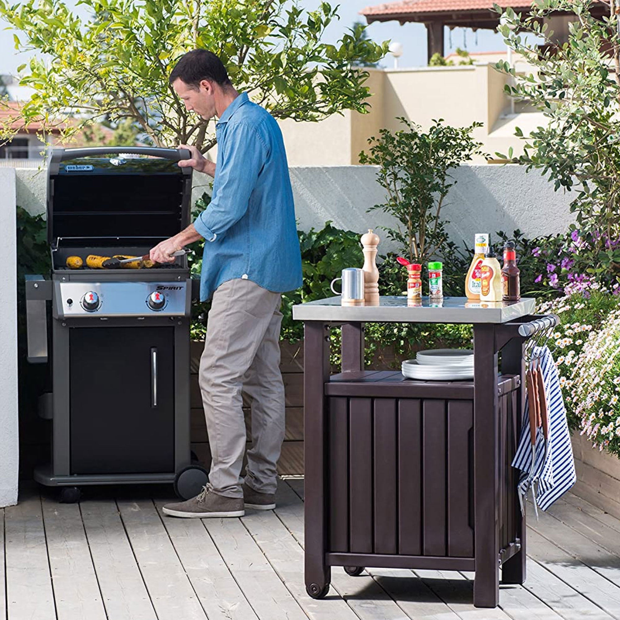 Keter Unity 40 Gallon Patio Storage Grilling Bar Cart, Brown (Set of 2)