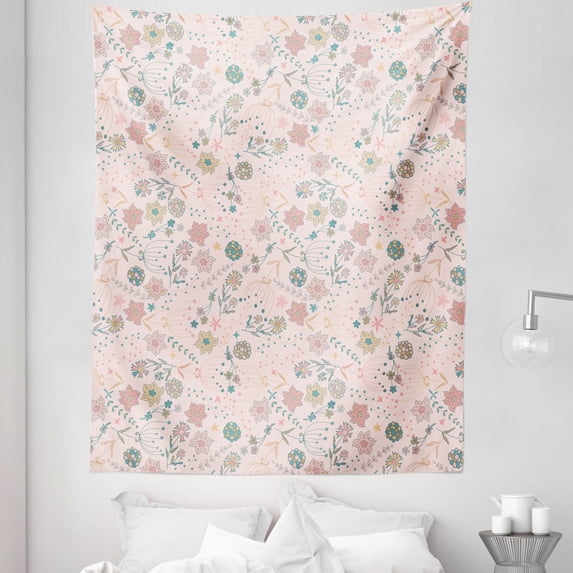 Daisy Flowers Tapestry, Pastel Color Palette Pattern of Spring Blossoms Repetitive Artwork, Fabric Wall Hanging Decor for Bedroom Living Room Dorm, 5 Sizes, Blush and Cadet Blue, by Ambesonne