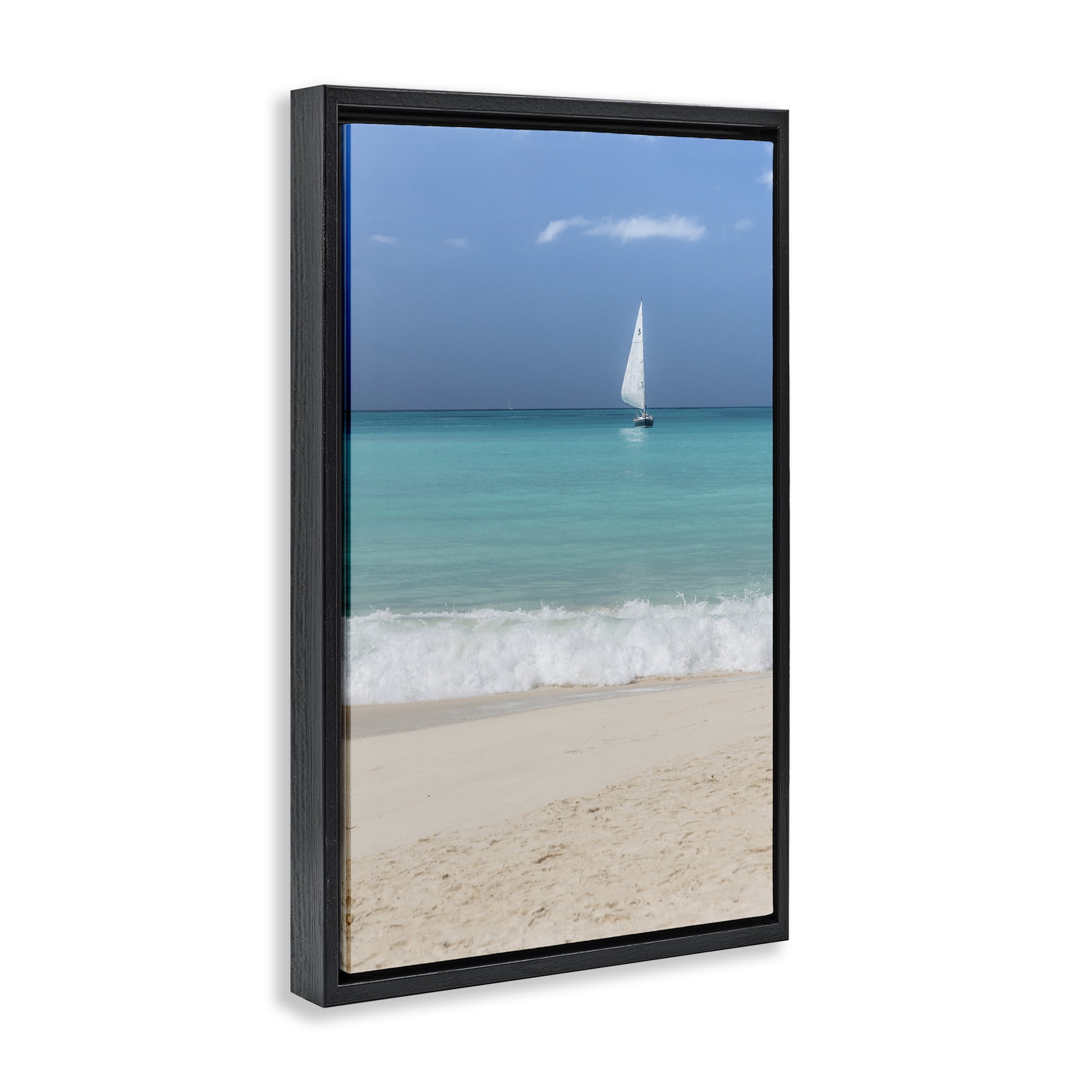 Stupell Industries Lone Sailboat Beach Tide Nautical & Beach Photography Black Floater Framed Canvas Art Print Wall Art, 21 x 31