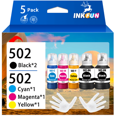 502 Ink Bottle Compatible for Epson 502 Ink Refill Bottle Ecotank for ET-2850 Printer (Black Cyan Magenta Yellow, 5 Pack)