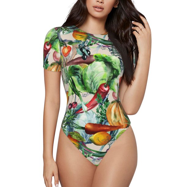 Balery Vegan1 Body de cuello redondo de manga corta para mujer Tops de manga corta Tops básicos-Large