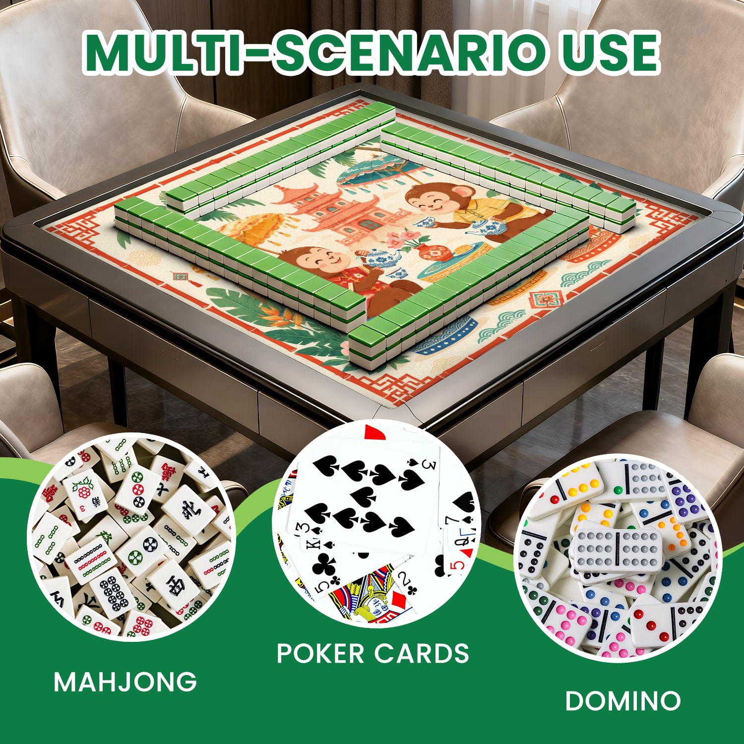 Mahjong Mat 31.5" x 31.5" Whimsical Monkeys Tea Party Oriental Garden Pink Pagoda Palm Trees Non-Slip Noise Reduction Chic Portable Gaming Table Cover for Family Game Night & Gift