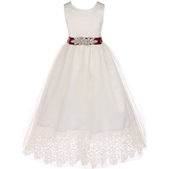 Communion Bridal Flower Girl Satin Top Scallop Lace for Little Girl Burgundy 10 JKS.2073OW