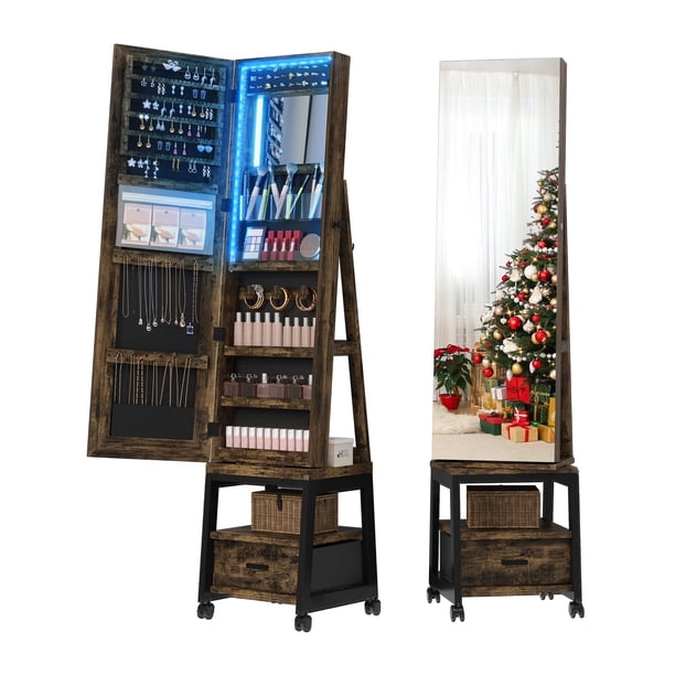 Yeshouse gabinete de joyería con espejo LED 360°, de cuerpo entero 66", organizador con cierre, mesa de maquillaje plegable y 3 estantes de almacenamiento