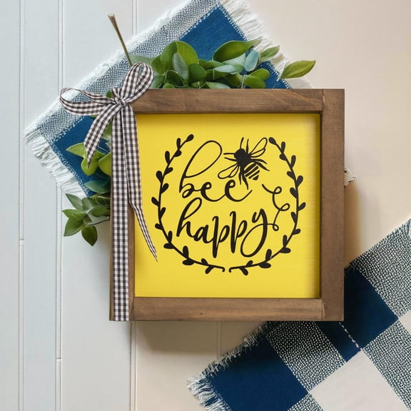 flangairy Bee Wall Decor Bee Happy Wooden Sign, Bumble Honeybee Bumblebees Farmhouse Summer Kitchen Tiered Tray Mantle Table Centerpiece Framed Home Decoration