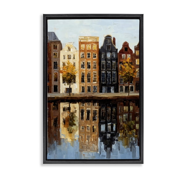 Stupell Industries Modern City Reflection over Canal Black Floating Frame Canvas Art, 17 x 25, by Petals Prints Design
