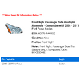 thumbnail image 2 of Front Right Passenger Side Headlight Assembly - Compatible with 2008 - 2011 Ford Focus Sedan 2009 2010, 2 of 2
