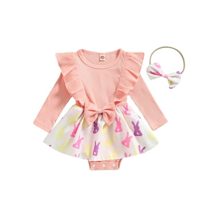 

One opening Baby Girls Easter Romper Dress Bunny Print Ribbed Ruffle Long Sleeve Jumpsuits and Bowknot Headband for Newborn Toddler Kids