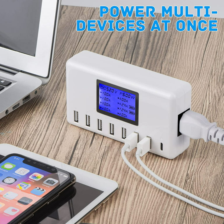 60W/12A 8-Port Desktop Charging Station Multiple USB, Multi Port Travel  Fast Wall Charger Hub with LCD for Smart Phones, Tablet and More (White)
