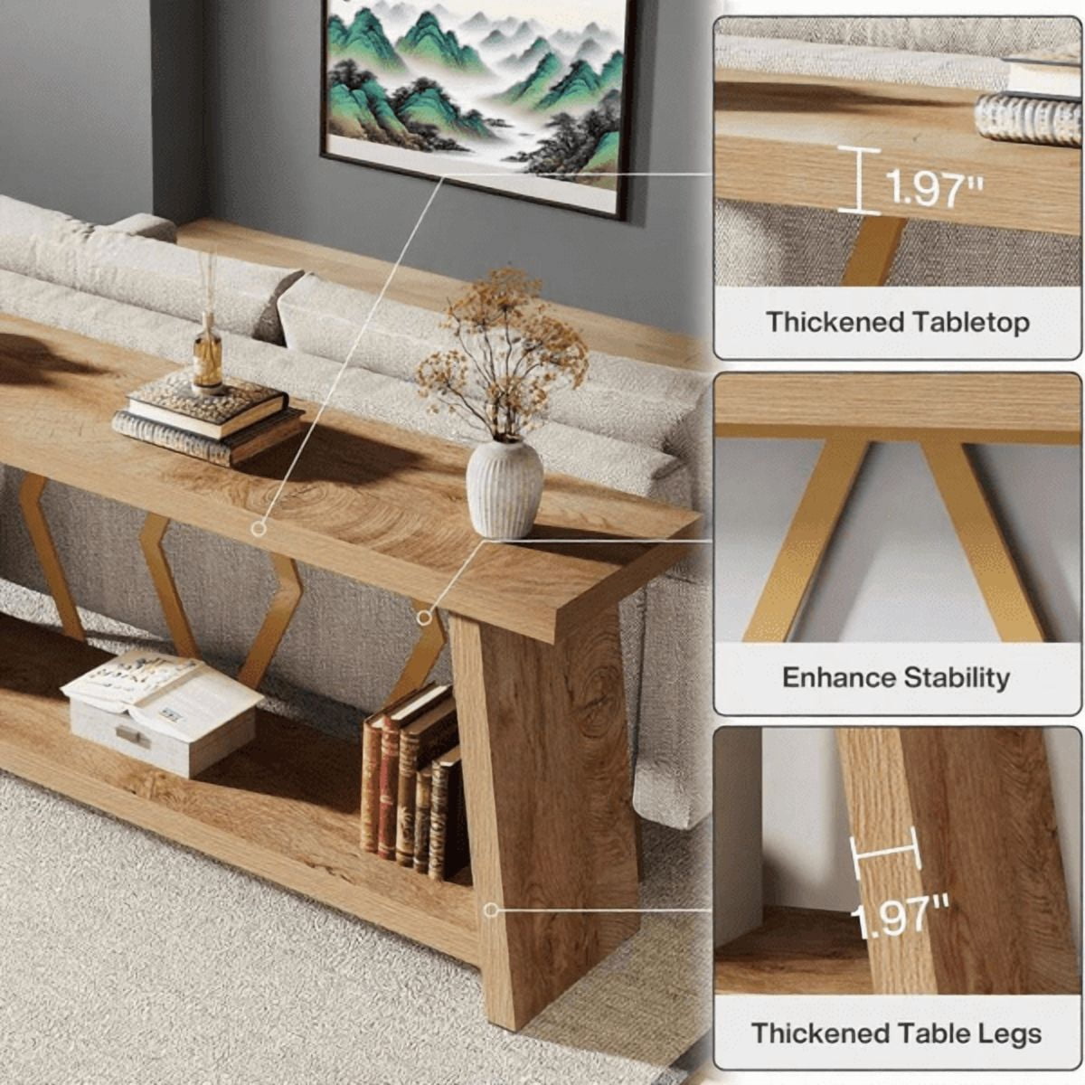 70.86" Extra Long 2-Tier Console Table - 1.97" Thick Engineered Wood, Modern Metal Frame, Sturdy Sofa Table for Living Room, Entryway, Foyer, Behind Couch
