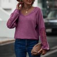 thumbnail image 2 of Camisa de manga larga de encaje con cuello en V para mujer Suelta Casual Moda Agradable para la piel Transpirable Cuello en V Color sólido Top de manga larga Púrpura Rojo M, 2 of 7