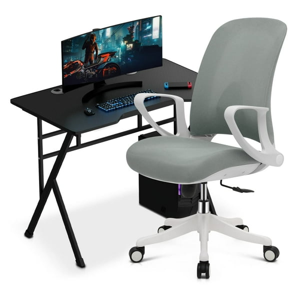 MoNiBloom Desk and Chair Set, Computer Desk Modern Design Home Office Gaming Table, Ergonomic Mesh Office Chair with Lumbar Support and Flip-up Arms