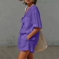 thumbnail image 6 of Hvogkswy Women Two Piece Linen Sets, Solid Color Short Sleeve V-Neck Tops and Wide Leg Shorts with Pockets Loose Breathable Hawaiian Beach Vacation Summer Outdoor Casual Set, 6 of 9