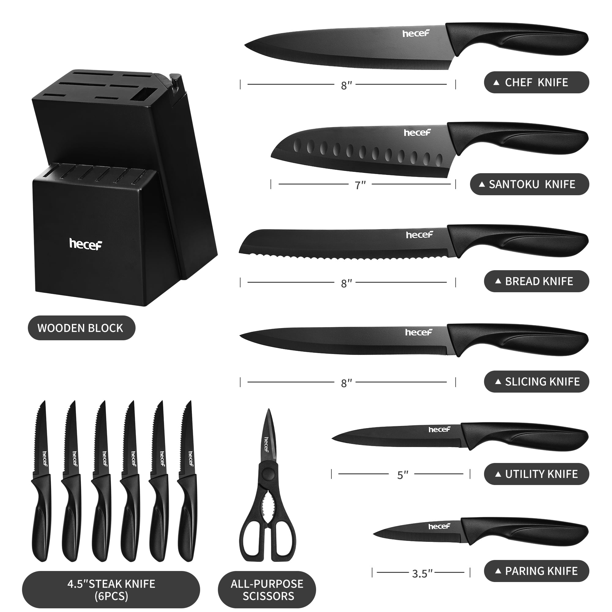 Hecef 15-Piece Kitchen Knife Block Set, Dishwasher Safe Stainless Steel Blades for Cooking and Chopping