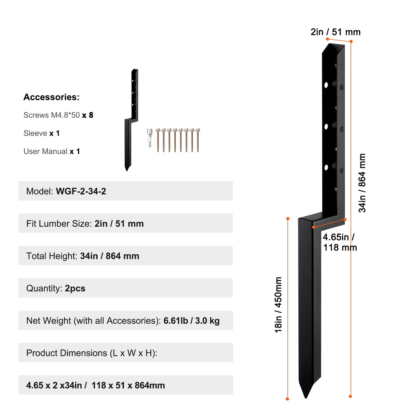 KFFKFF 2-Pack Fence Anchor Repair Kit 2"x2" Support Stakes