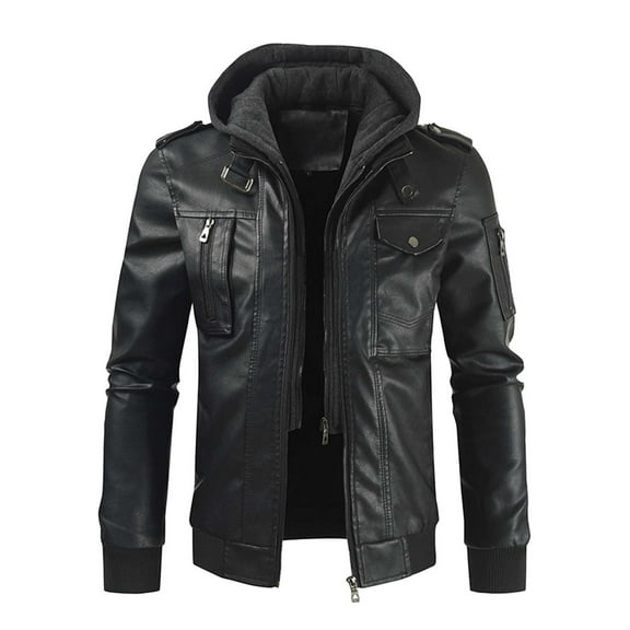 Men Brown Leather Motorcycle Jacket Classic Retro PU Faux Leather Hooded Bomber Jacket Zip Up Winter Thick Rider Coat