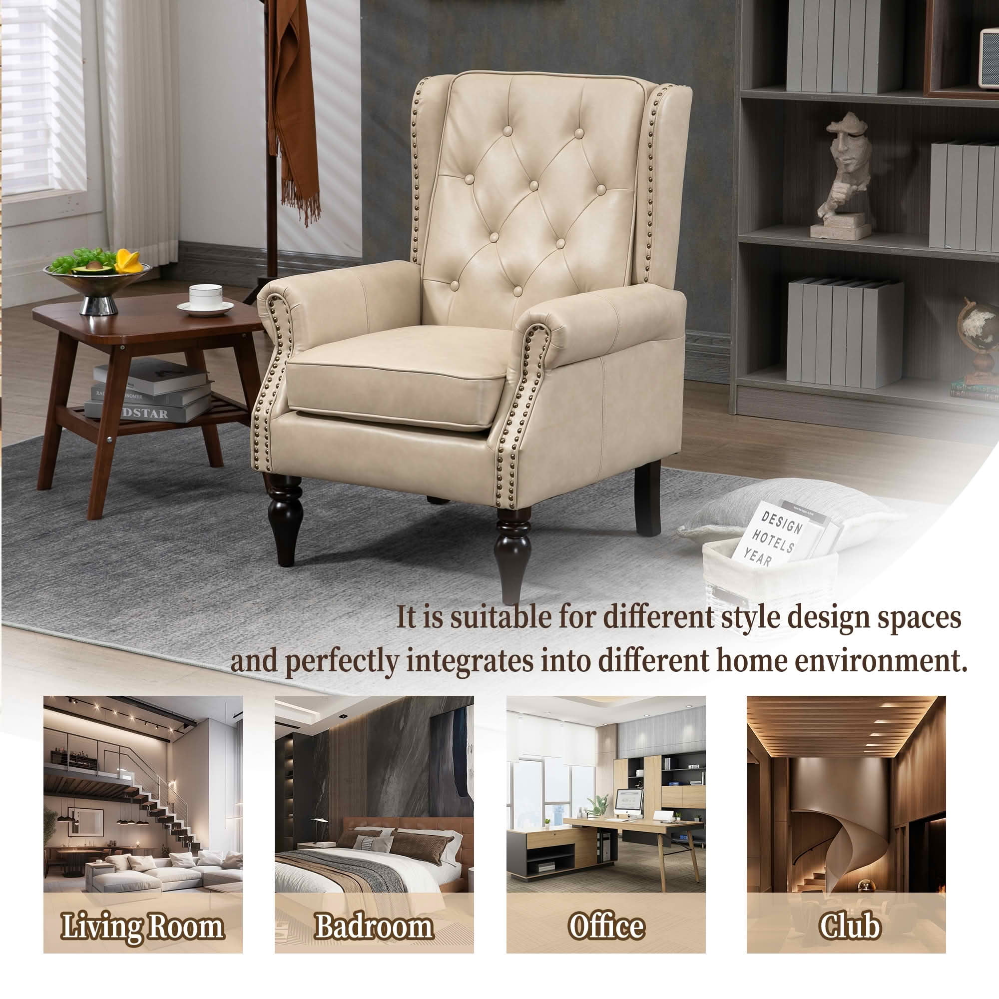MAYEERTY 29.33-Inch PU Leather Wood Frame Accent Armchair, Modern Lounge Chair with Sturdy Rubber Wood Legs