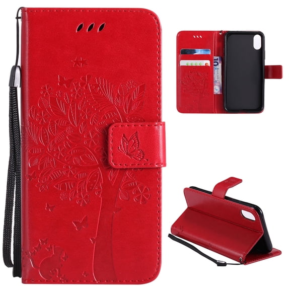 iPhone Xr Case, Allytech Embossed Cat & Tree Series, PU Leather Full Body Protective Defender Case Folio Flip Stand Cover With Card Holder for Apple iPhone Xr 6.1" 2018 Release, Red