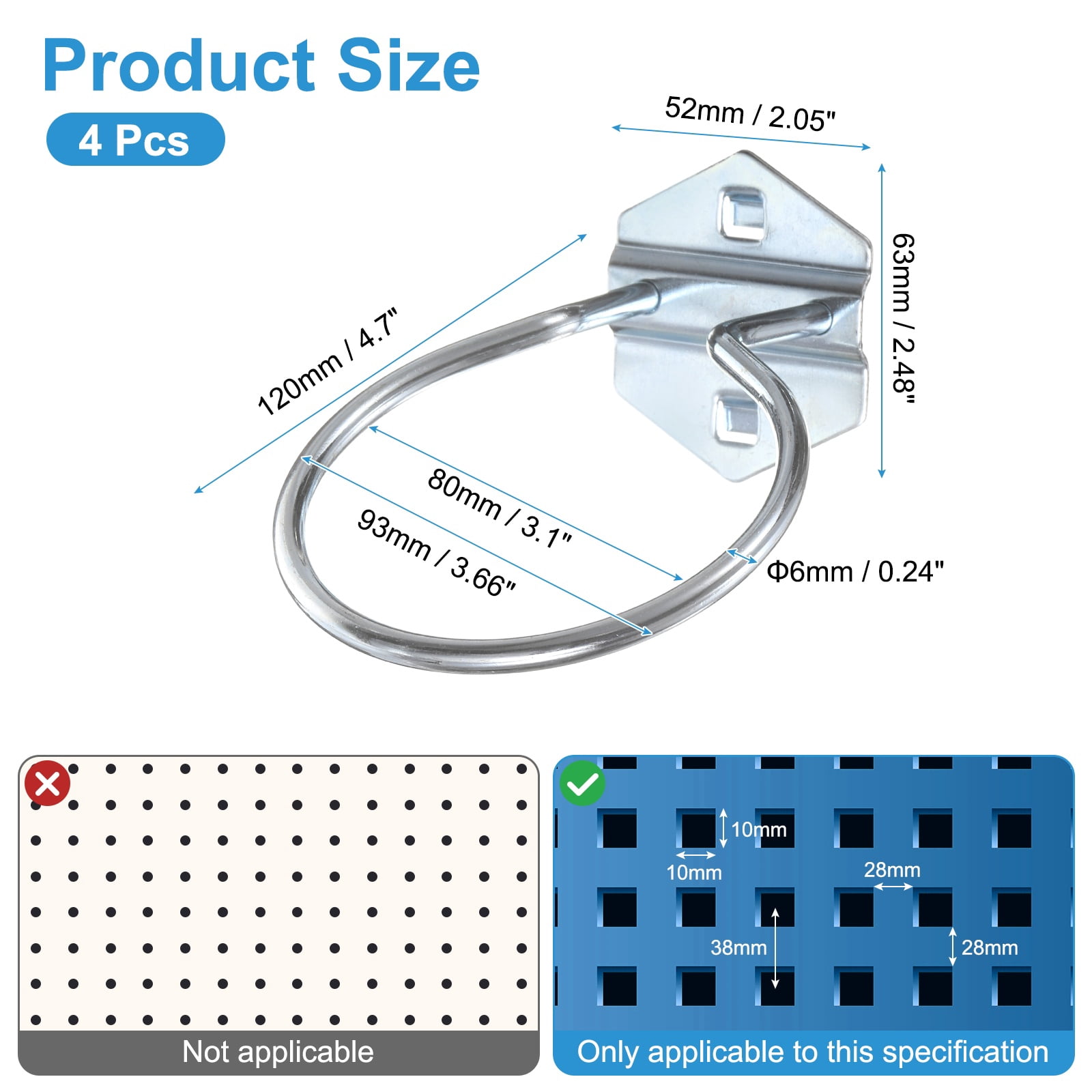 Uxcell 4Pcs Metal Square Peg Board Hooks, 4.7x3.1" Heavy Duty Square Hole Peg Hook Round for 3/8" Spaced Pegboards, Silver