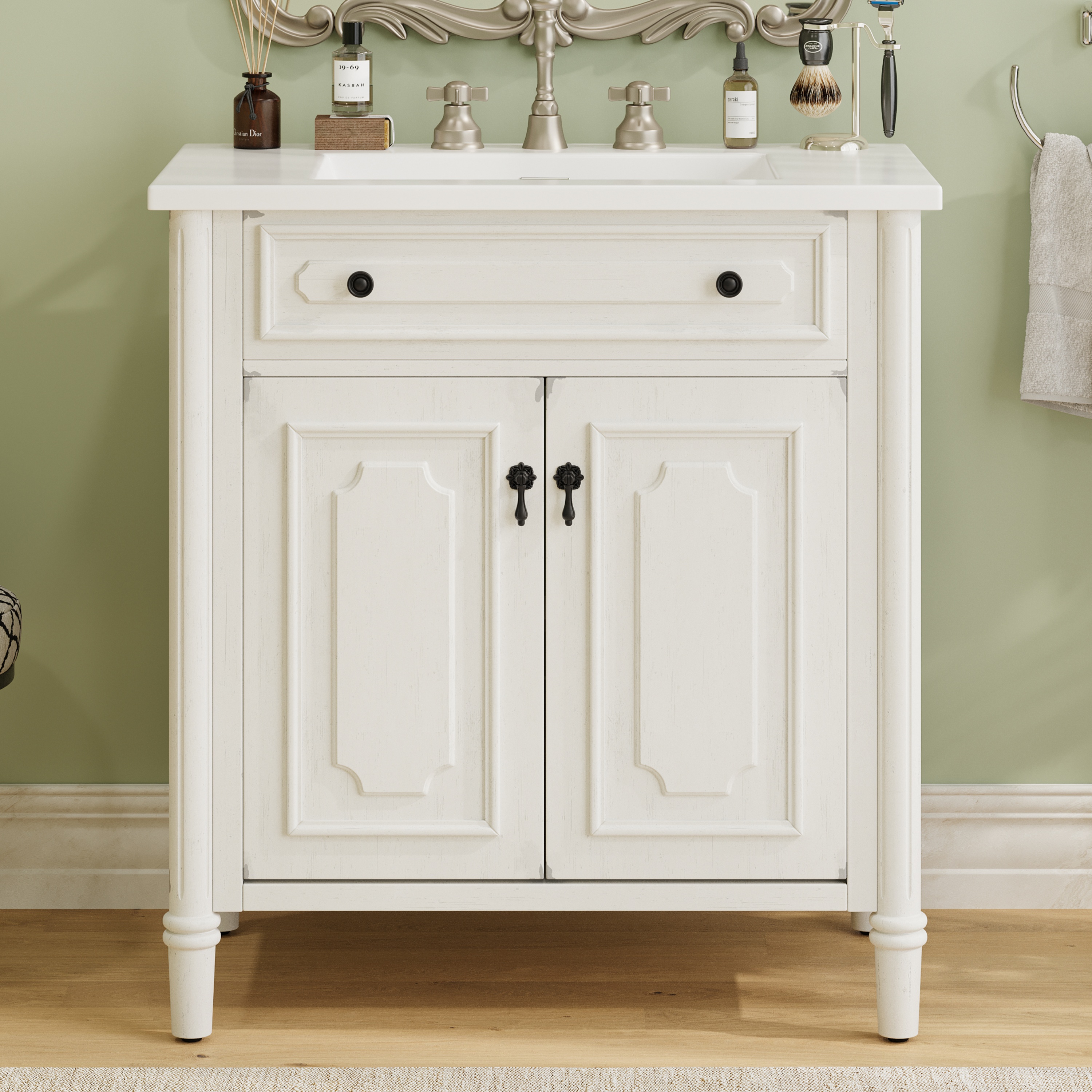 Euroco 31" Vintage Bathroom Vanity with Sink, Rustic Bathroom Cabinet with Soft Close Doors and Adjustable Shelf, Curved Profile Design, Rubber Wood Legs, White